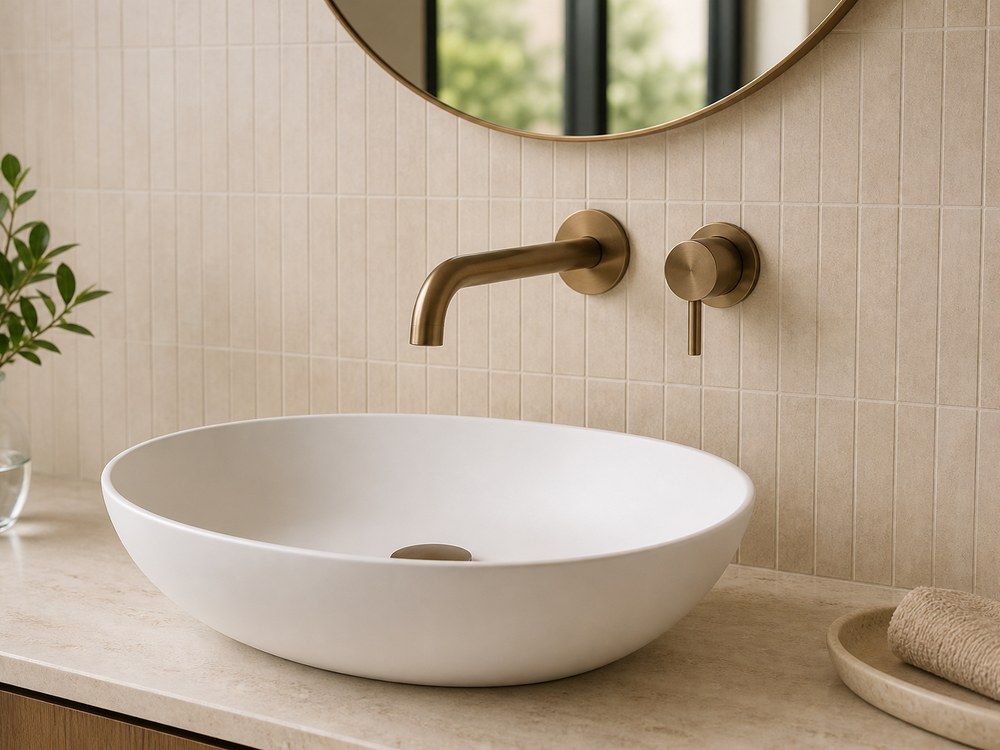 Wall-mounted basin mixer above a countertop vessel basin