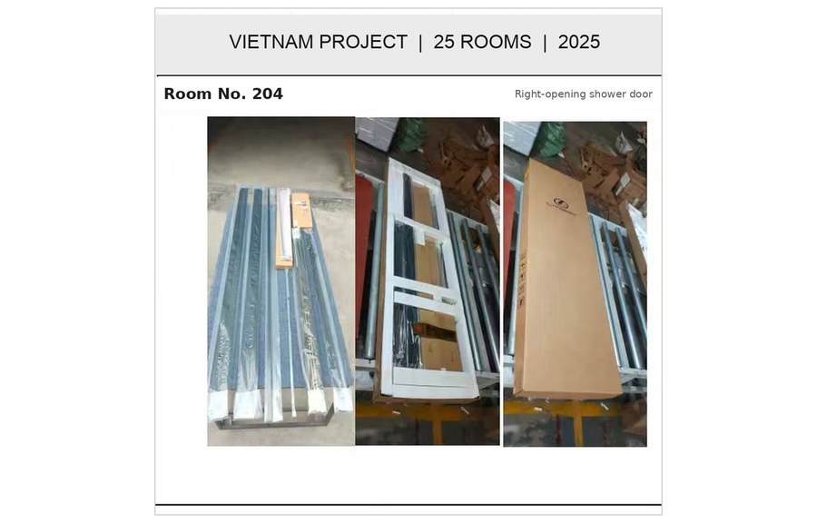 Project record sheet for room 204 with drawing, product photos and packing label