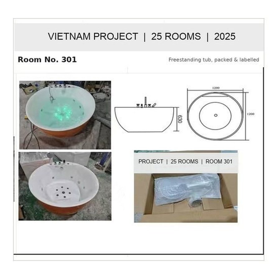 Project record sheet for room 301 with tub drawing, product photos and packing label