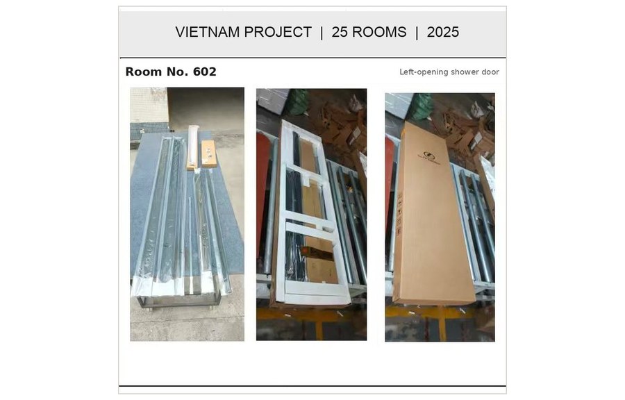 Project record sheet for room 602 with drawing, product photos and packing label