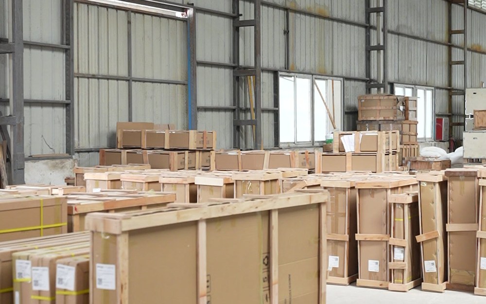 Crated bathroom products staged for export packing