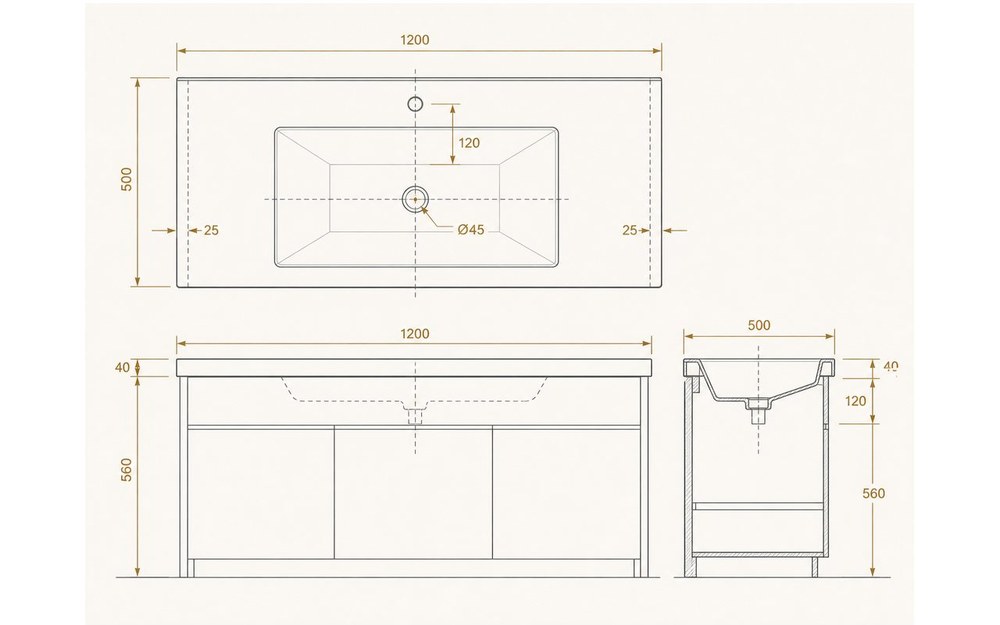 Dimensioned vanity drawing used to confirm the specification before quoting