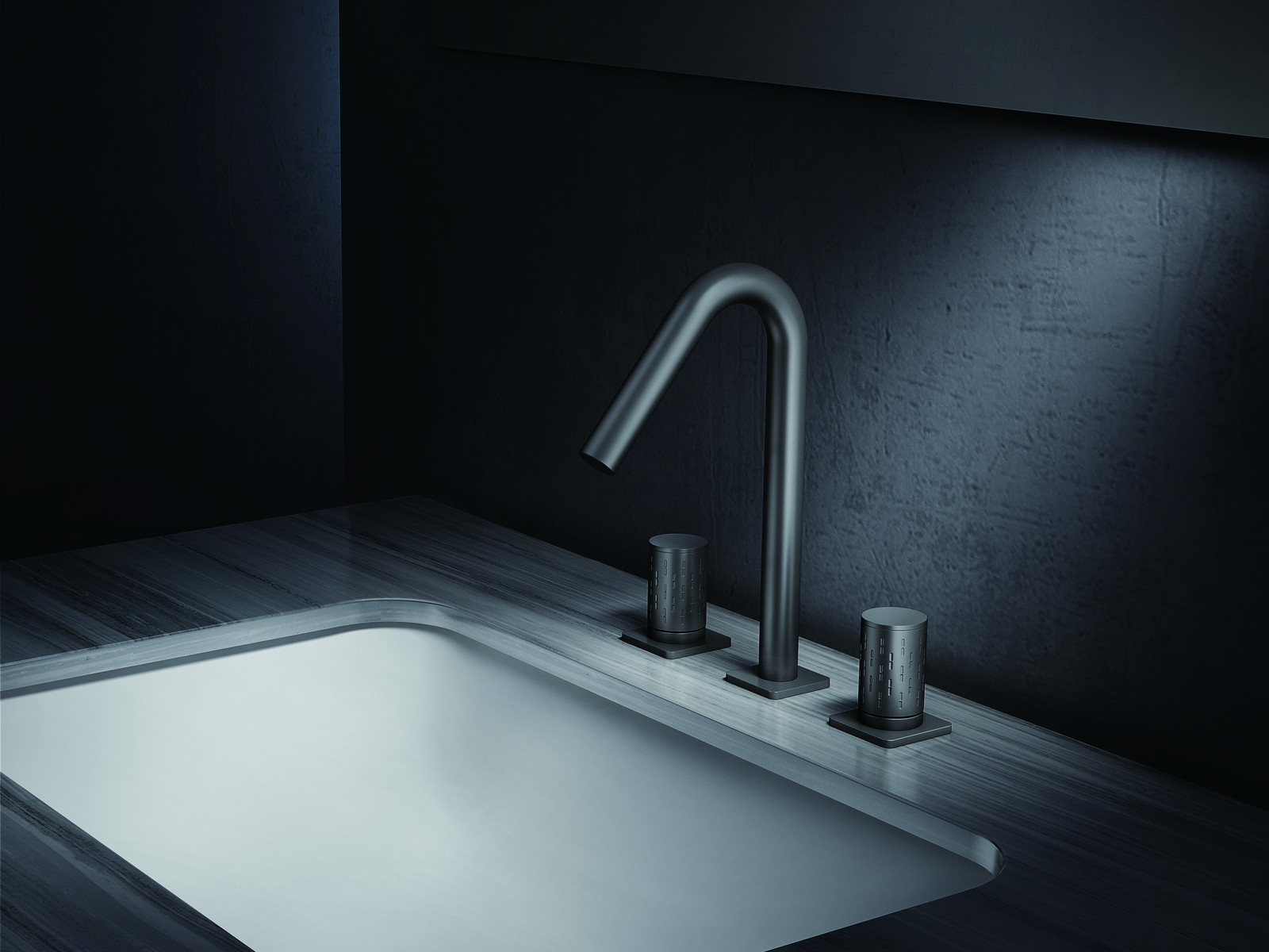 Deck-mounted basin faucet beside an integrated basin