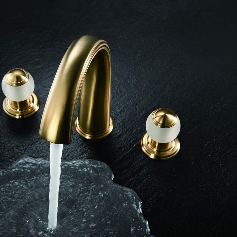 Basin faucet finish samples beside technical installation drawings