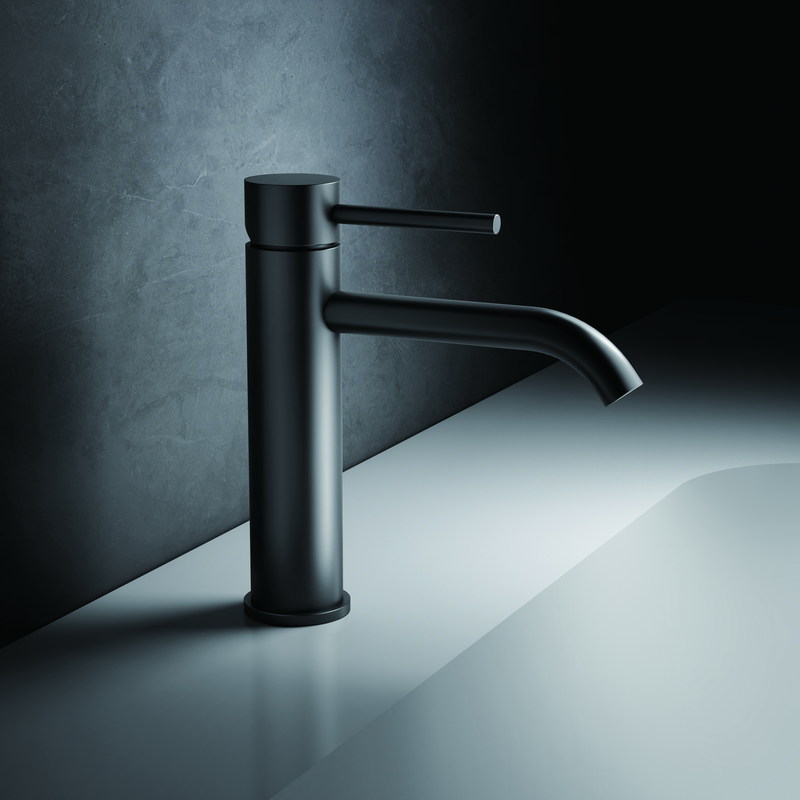 Single-handle basin faucet on a white vanity top
