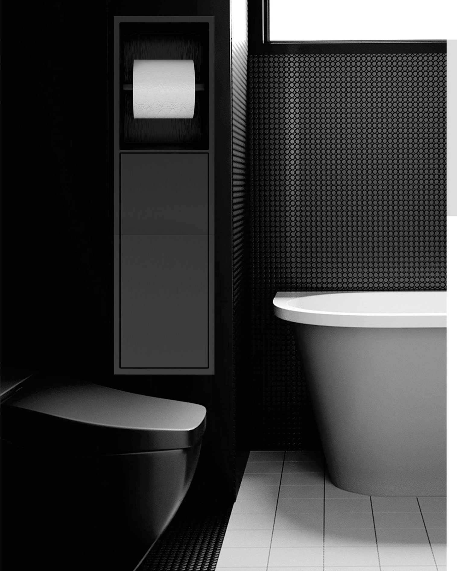 Recessed stainless steel niche in a dark tiled bathroom
