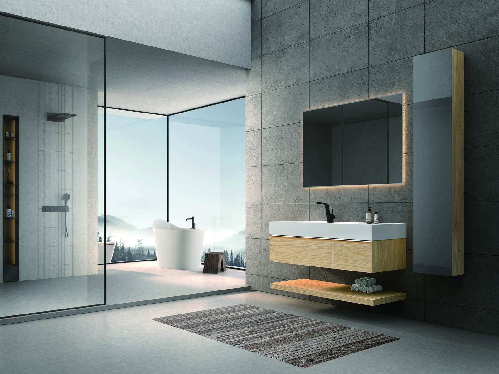 Hotel bathroom with a recessed wall niche