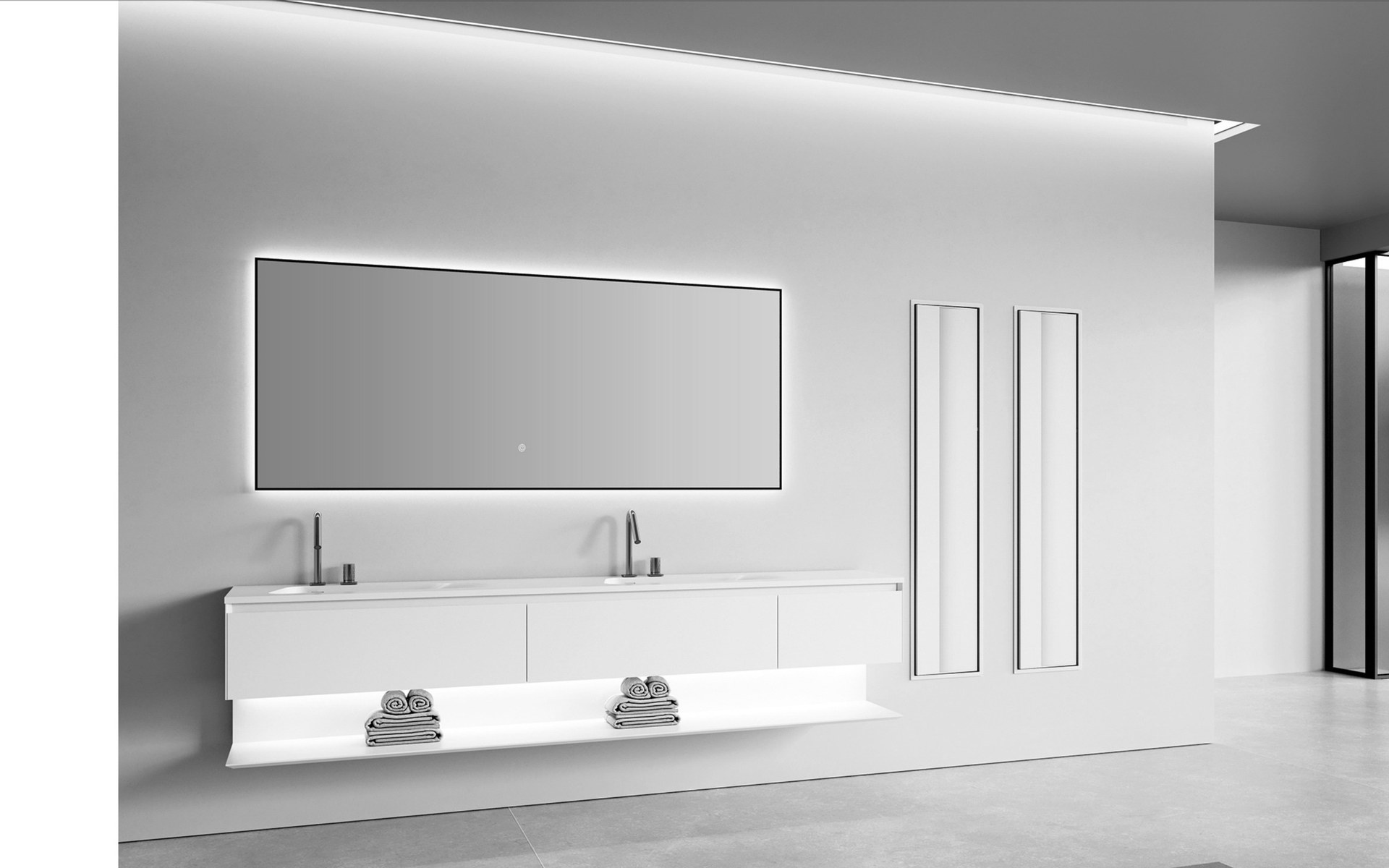 Recessed niches integrated into a finished bathroom wall