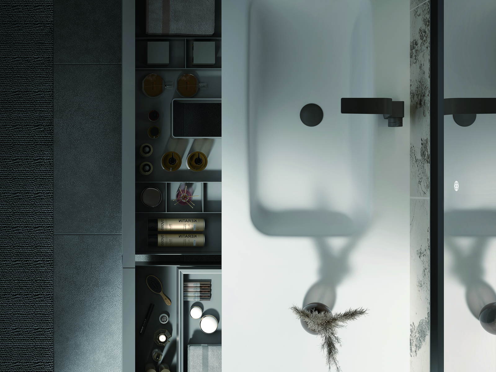 Toilet area with recessed wall storage