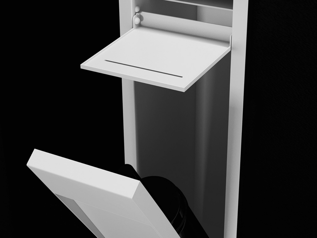 Recessed niche with a fold-down toilet paper compartment