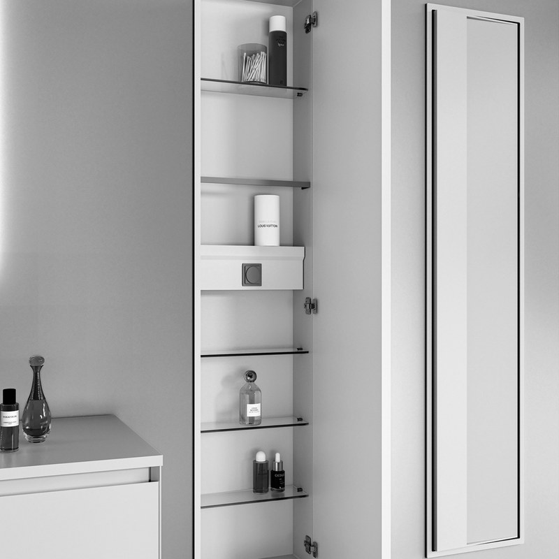 Tall vertical niche cabinet opened to show interior shelves
