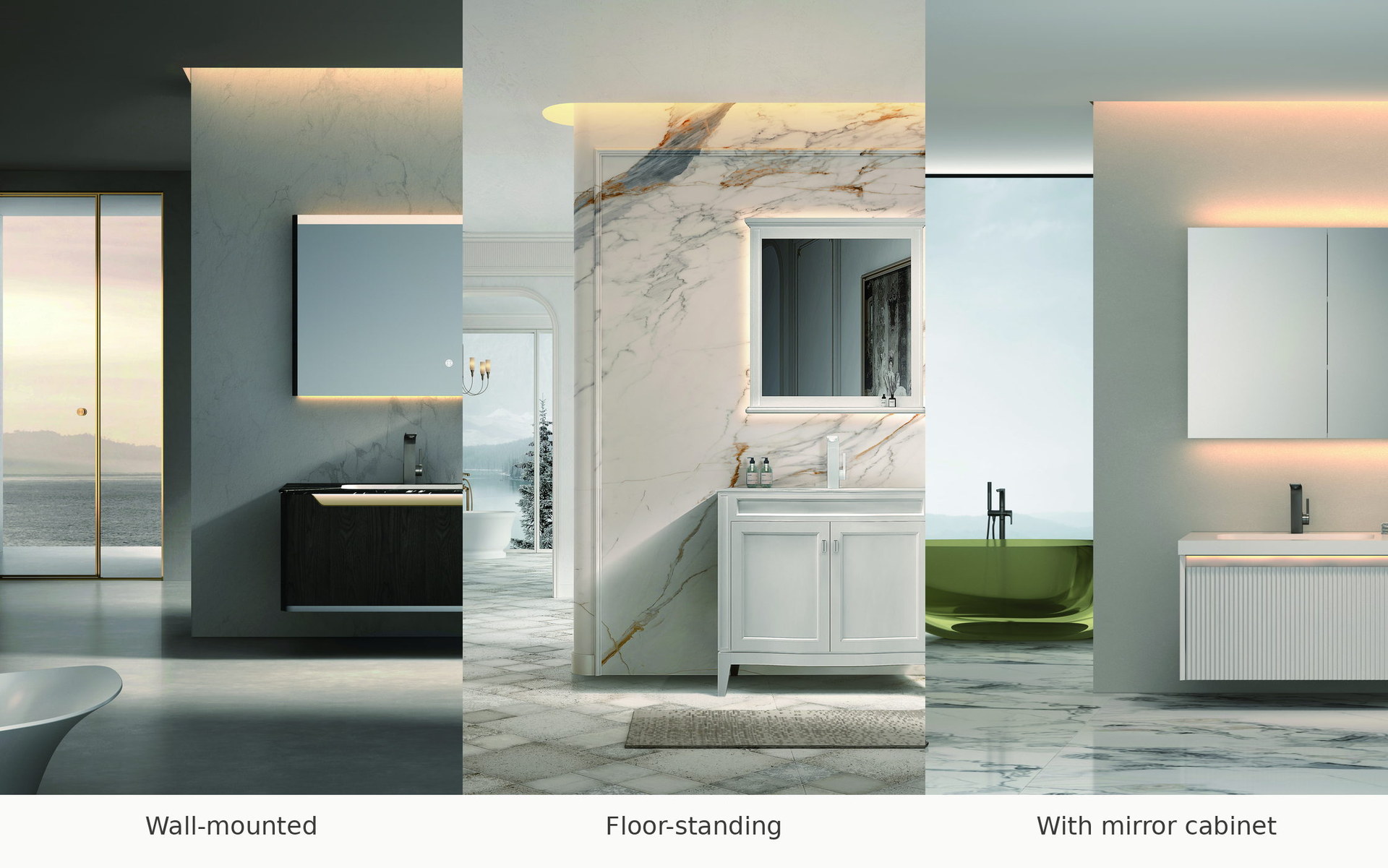 Comparison of wall-mounted, floor-standing and mirror-cabinet vanity sets