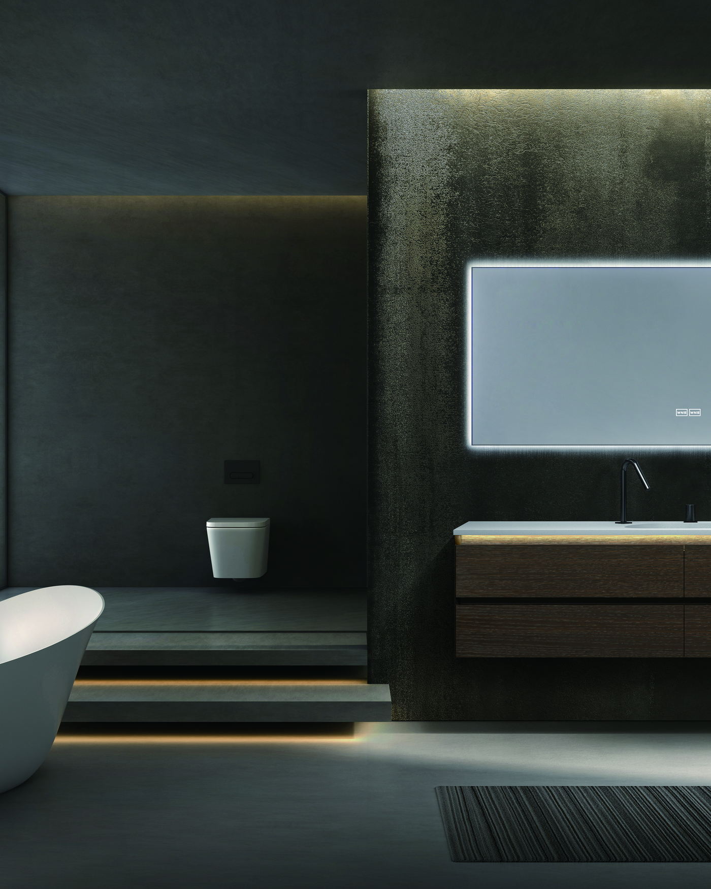 Bathroom vanity set shown as a coordinated cabinet, top and mirror