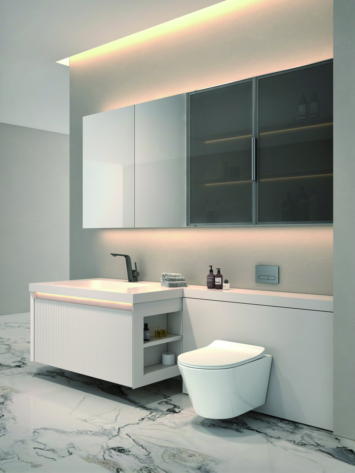 Integrated basin and vanity top shown in close detail