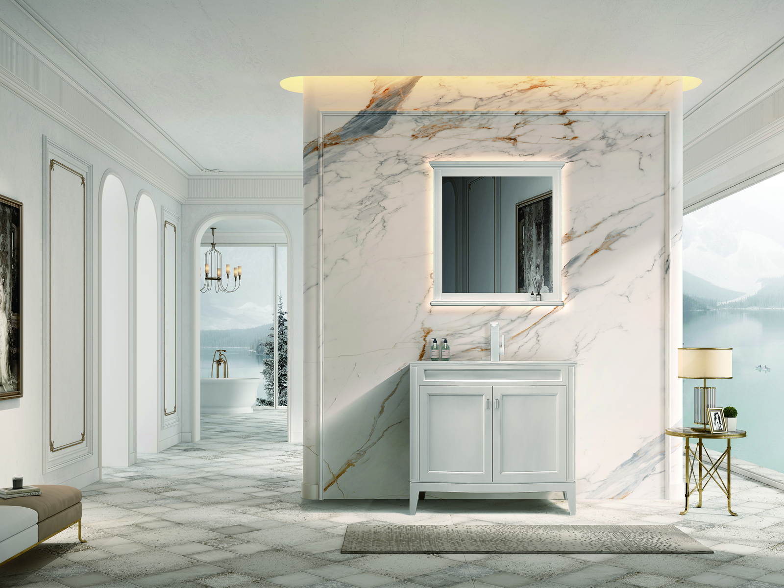 Floor-standing bathroom vanity set with framed doors