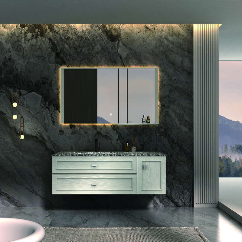 Bathroom vanity set shown with a wall-hung cabinet and mirror