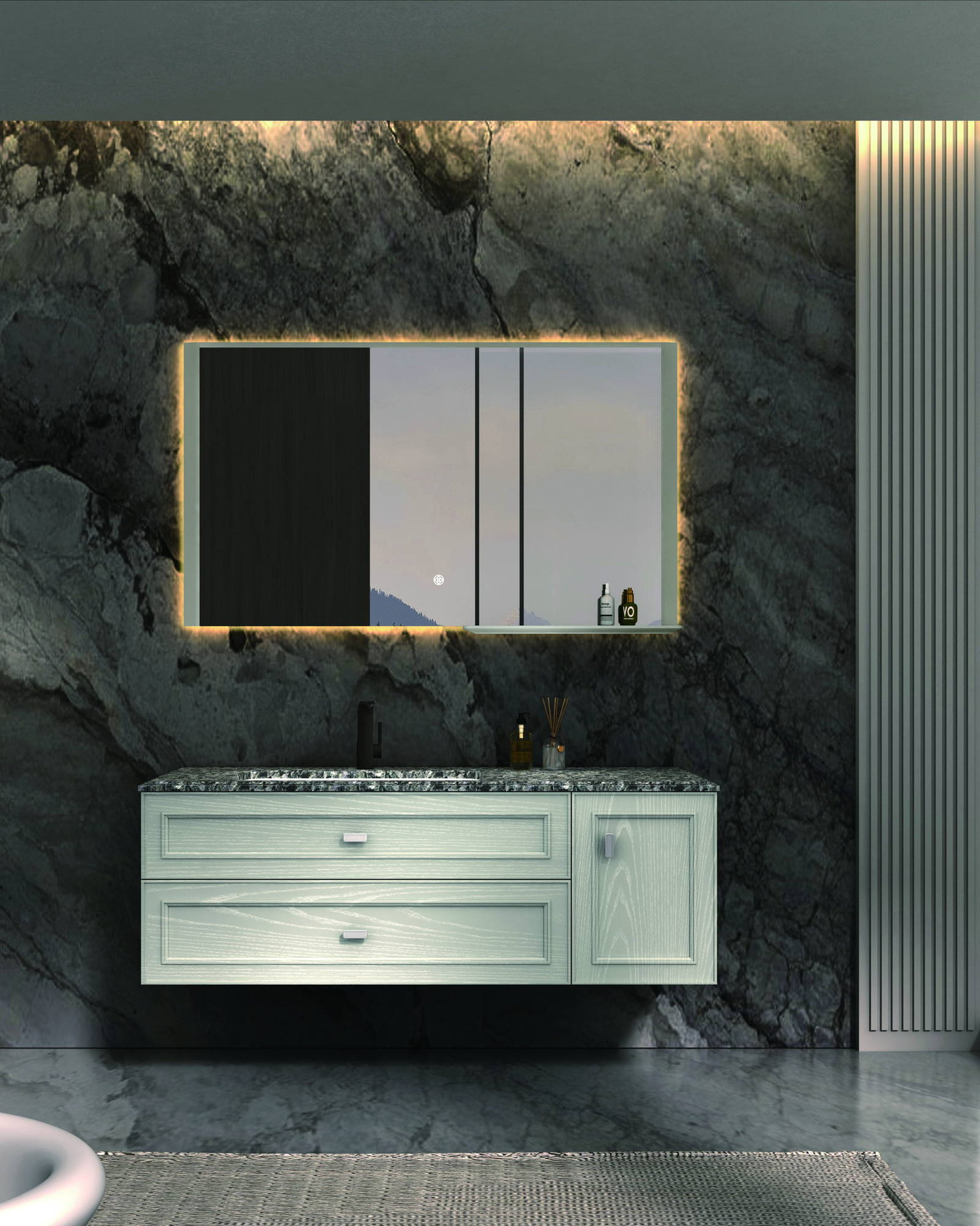 Coordinated bathroom vanity set with mirror and storage