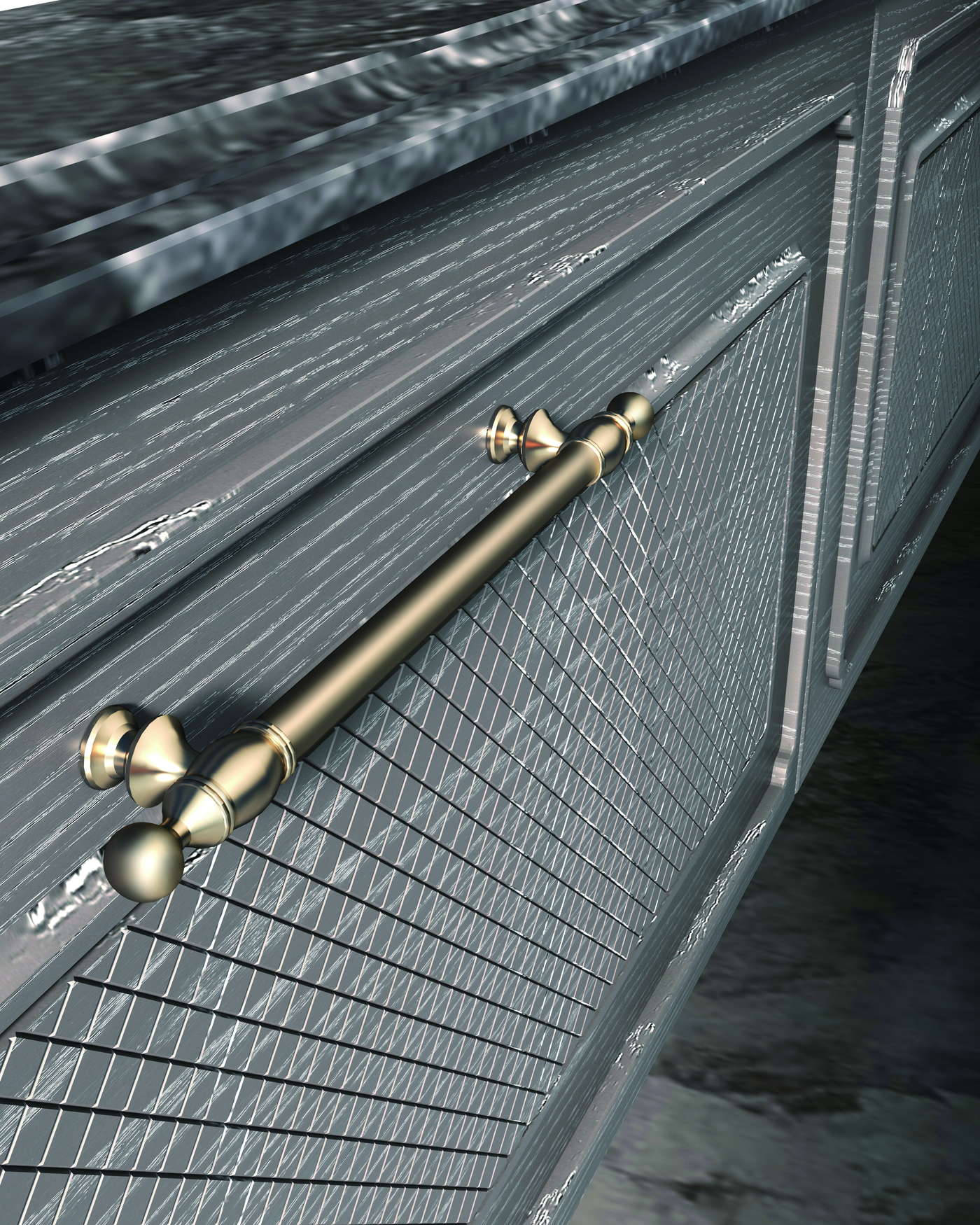 A brass handle detail on a fluted cabinet front