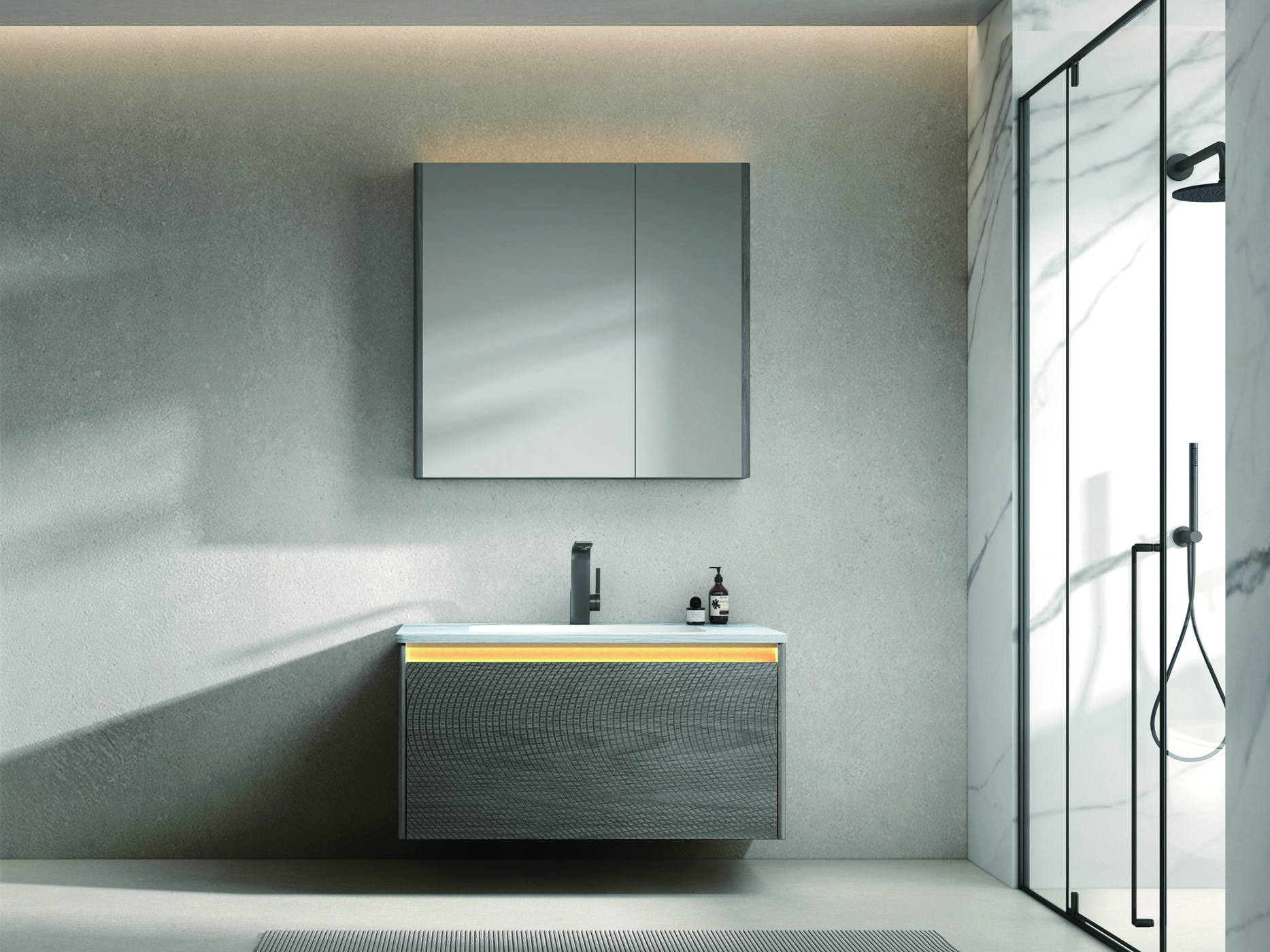 Multi-unit residential bathroom with a vanity set