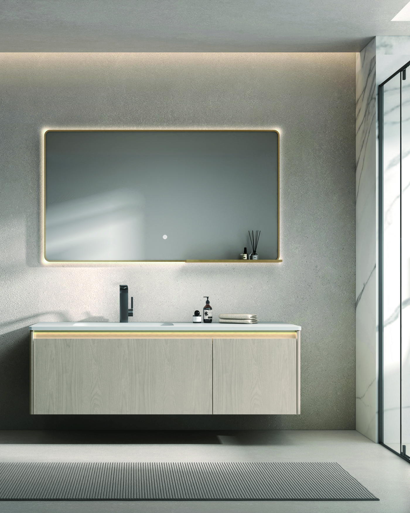 Vanity set configuration compared against the bathroom wall