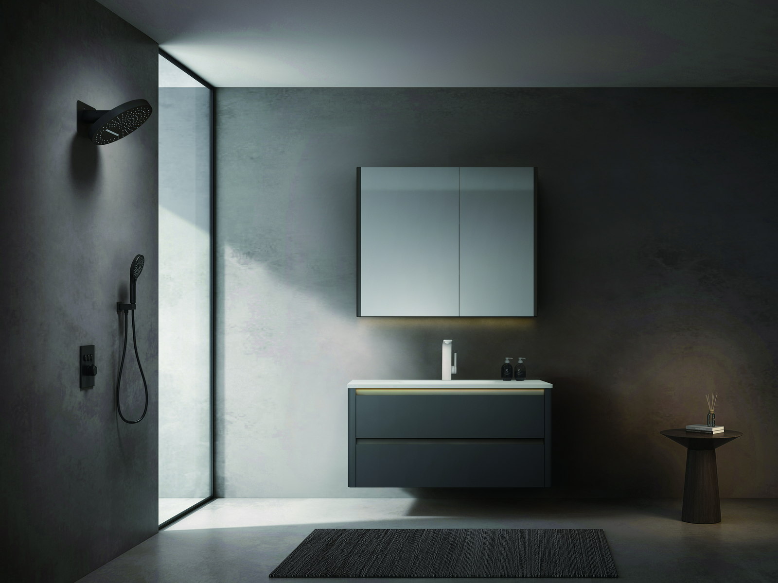 Single-sink bathroom vanity set with a wall-hung cabinet