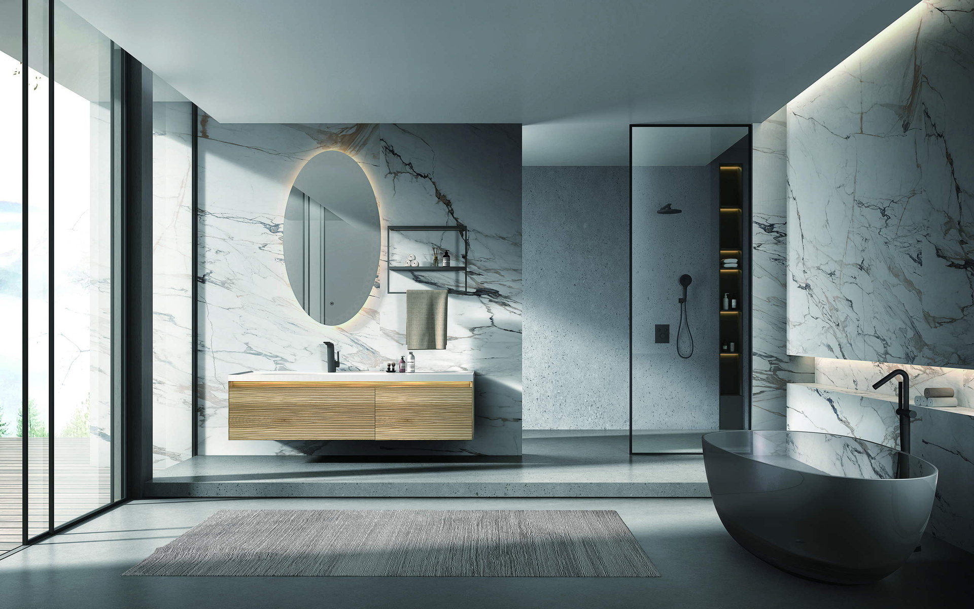 Bathroom vanity set fitted against a finished wall