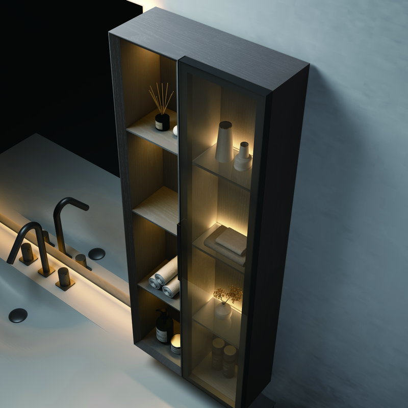 Tall storage cabinet opened to show interior shelving