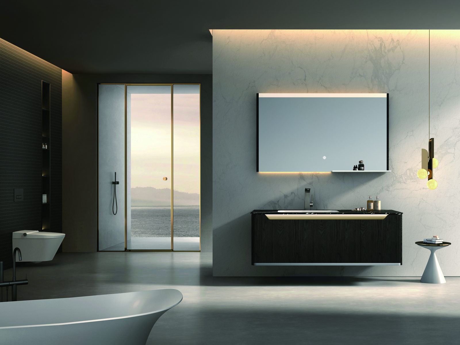 Wall-mounted bathroom vanity set with a mirror above