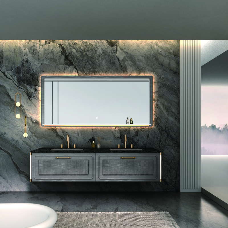 Wide double-sink vanity set in a marble bathroom