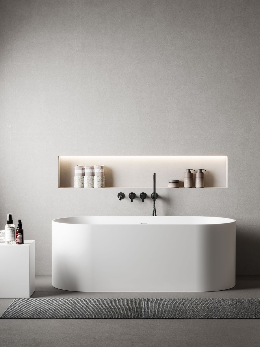 Round built-in solid surface tub set into a curved deck