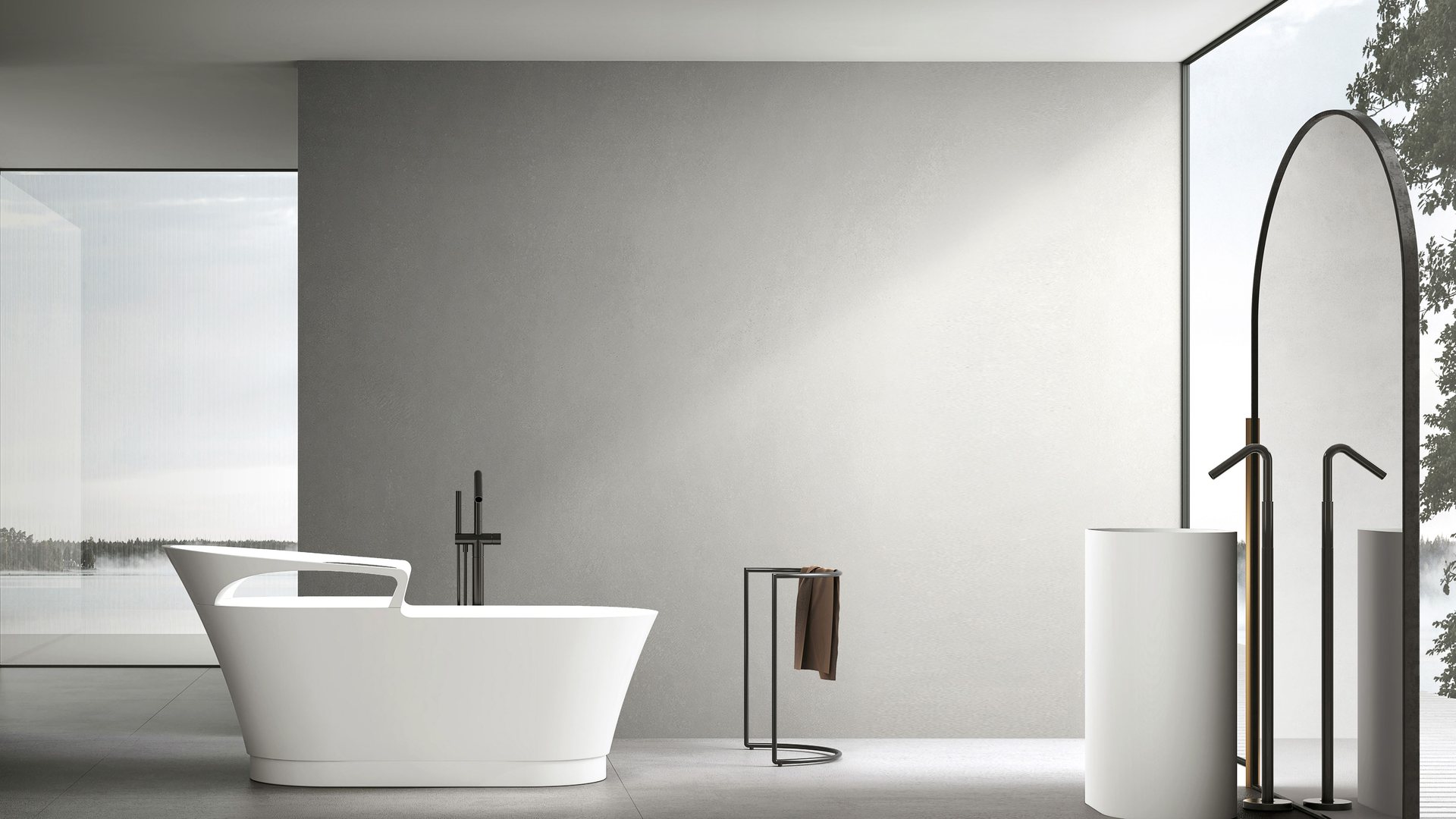 Round built-in solid surface tub set into a curved deck