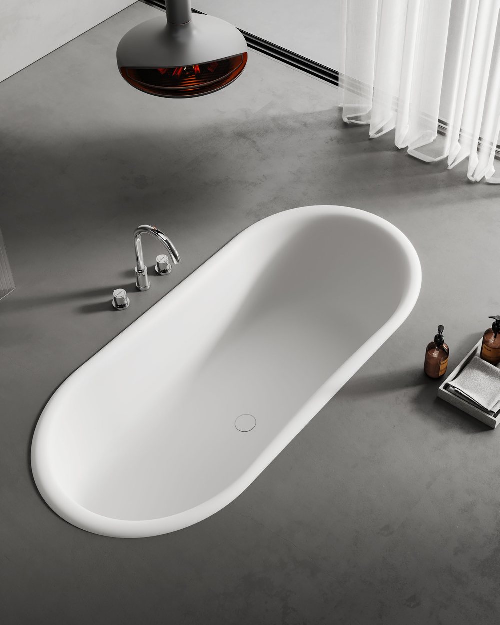 Rectangular built-in solid surface tub in a stone deck under a window
