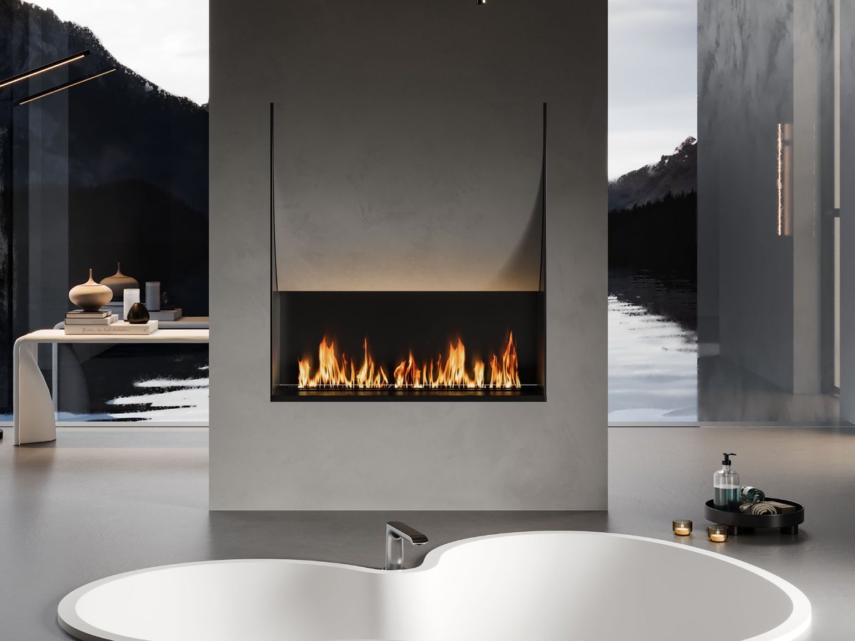 Rectangular built-in solid surface tub in a stone deck under a window