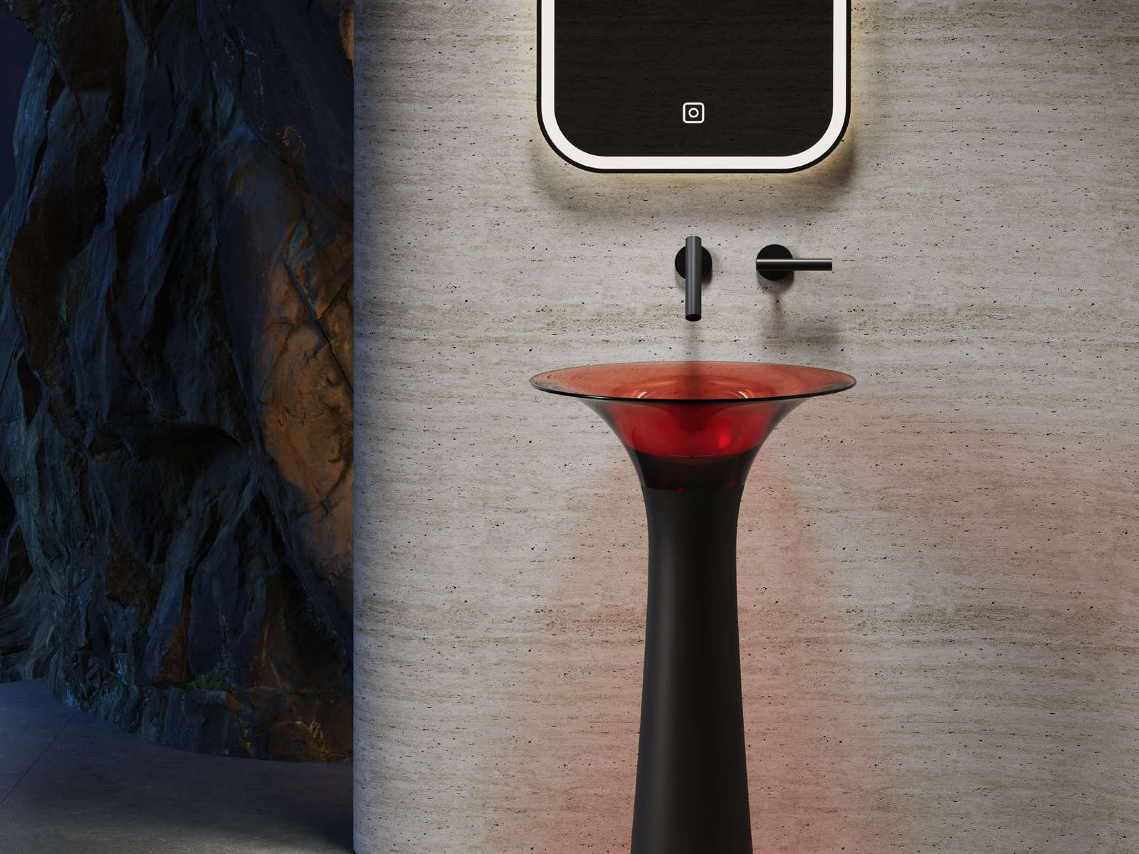 Powder room with a deep red translucent basin