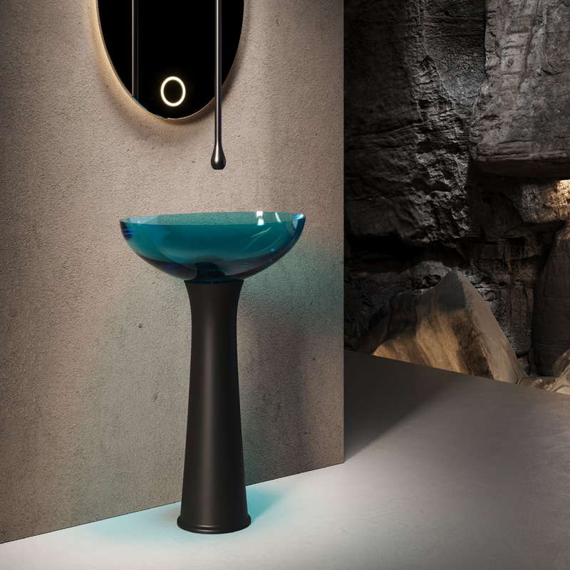 Translucent basin in a deep teal finish