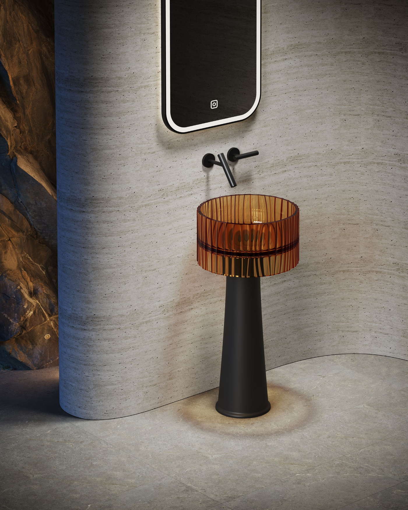 Translucent basin shown with coordinated bathroom components