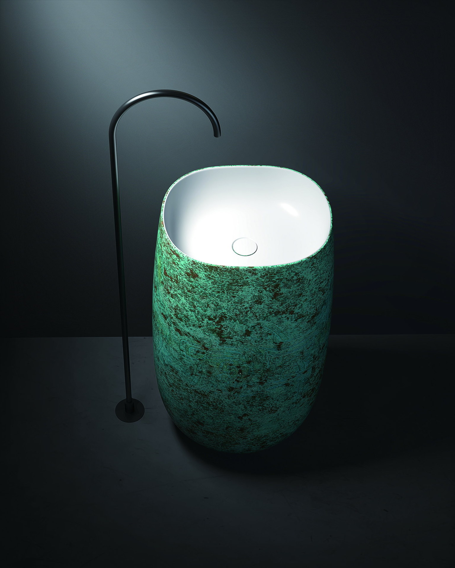 Green translucent basin lit to show its internal color