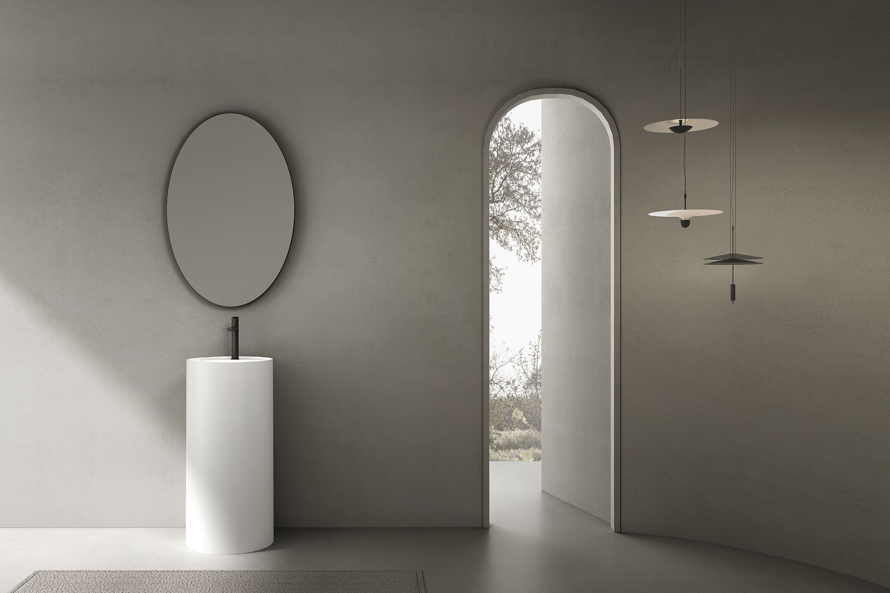 Basin placed in an arched niche with wall-mounted tap