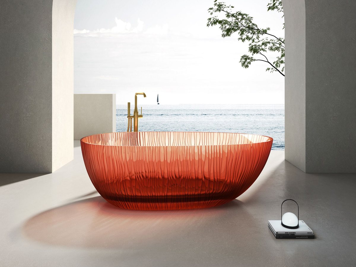 Olive translucent resin bathtub with sea view