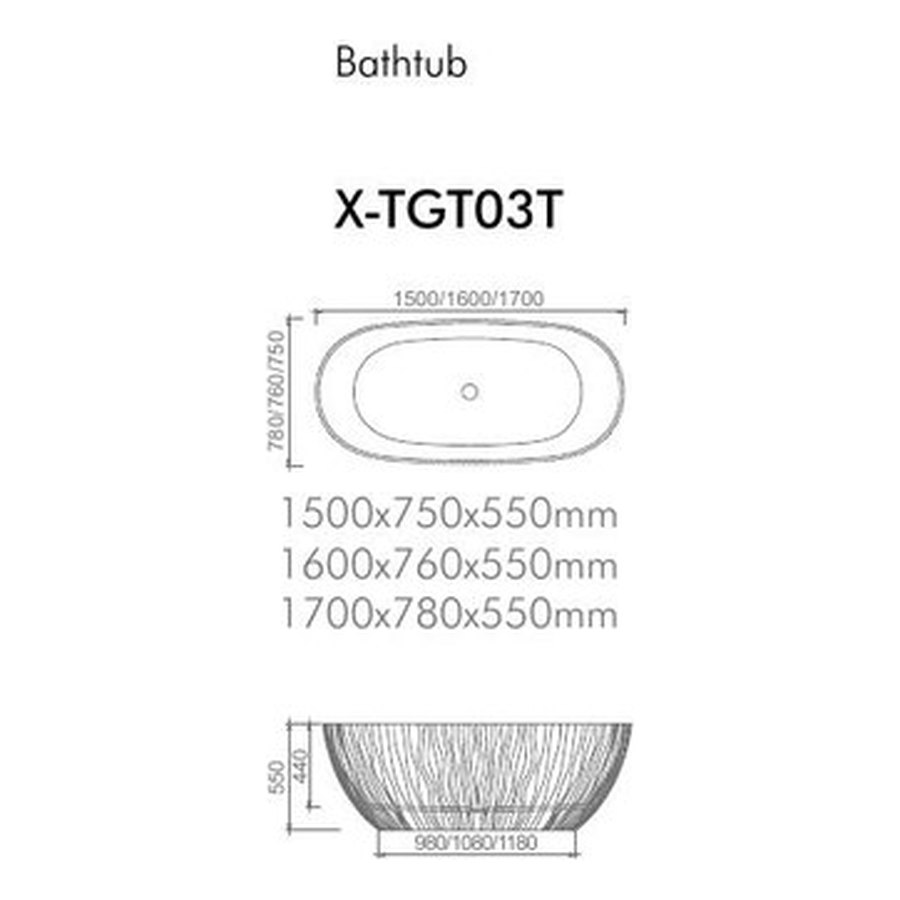 Translucent bathtub technical drawing with drain and access points