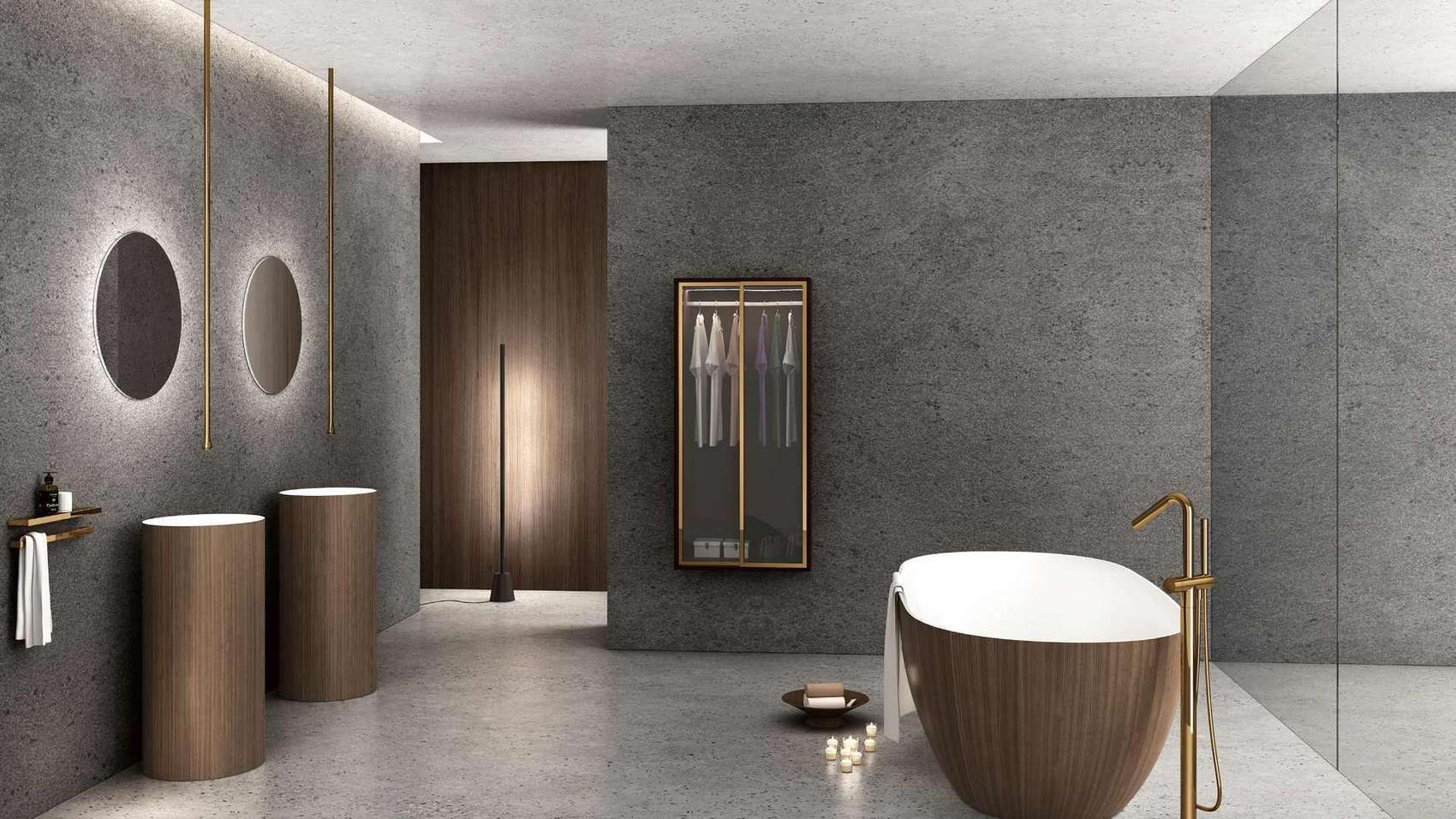 Compact upright soaking tub with floor-standing filler and stool