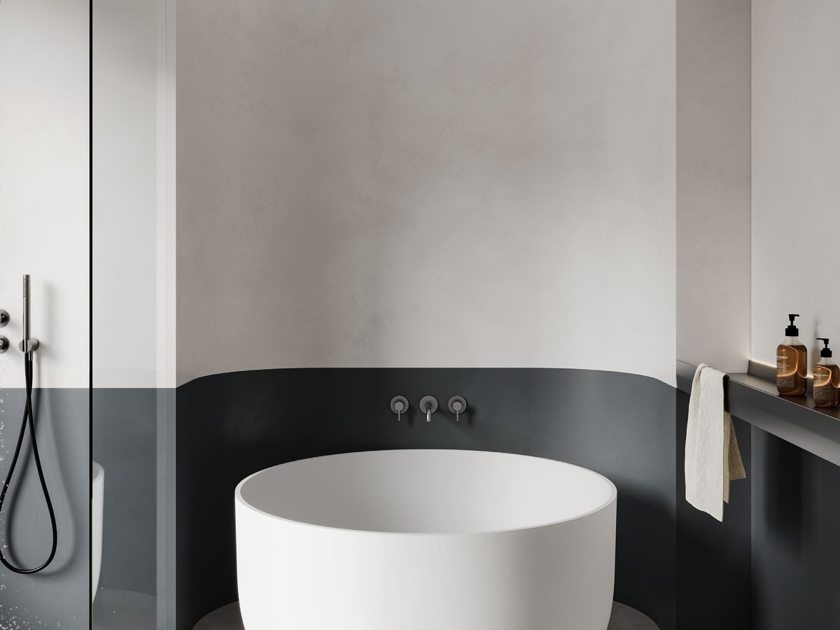 Compact upright soaking tub with floor-standing filler and stool