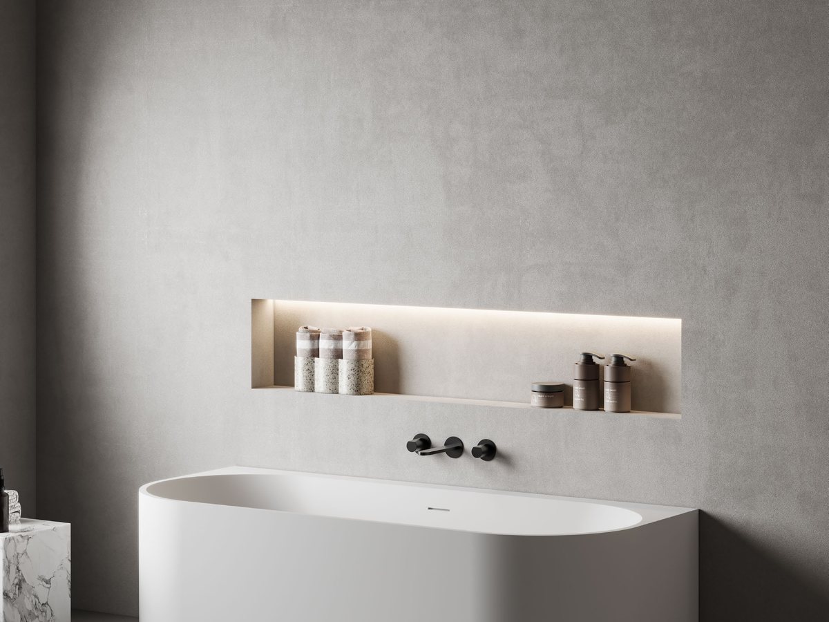 Renovated city bathroom with compact soaking bathtub