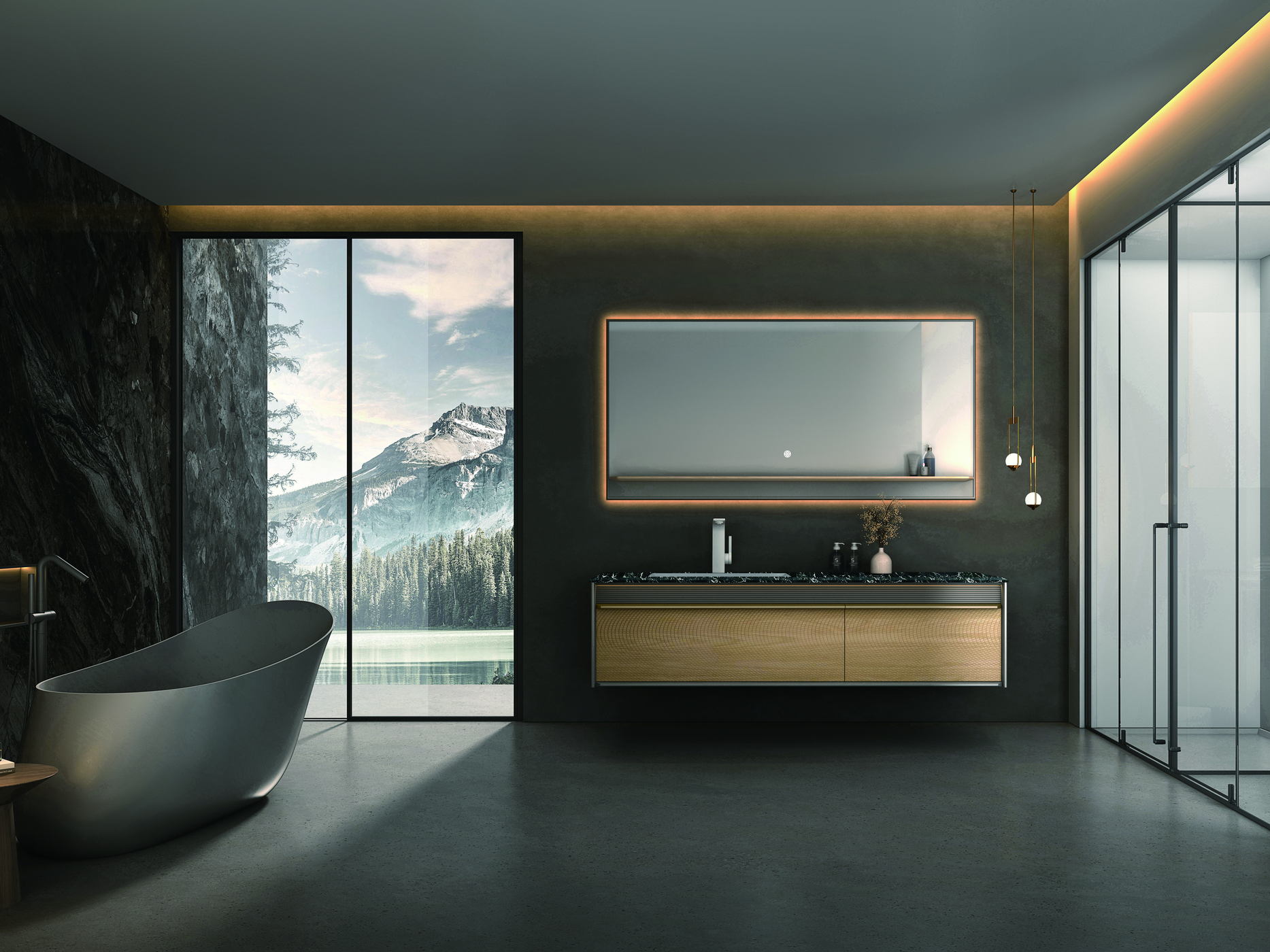 A compact bathroom with a tub and a glass screen