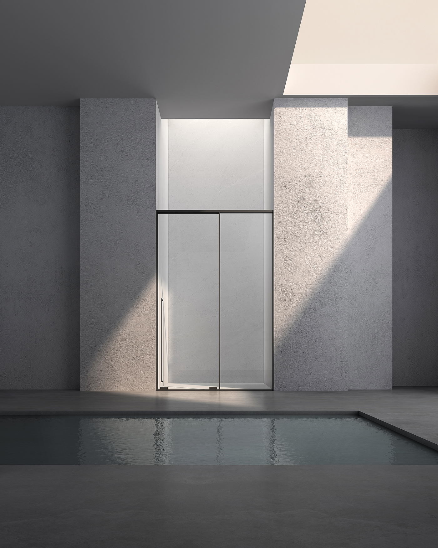 Corner shower enclosure shown in a finished bathroom