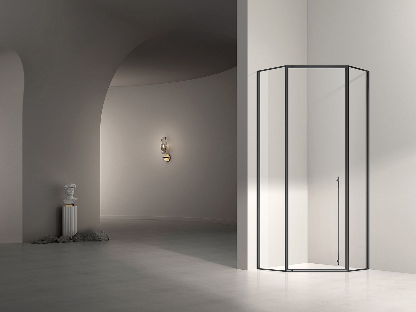 Hinged corner shower enclosure with a pivoting glass door