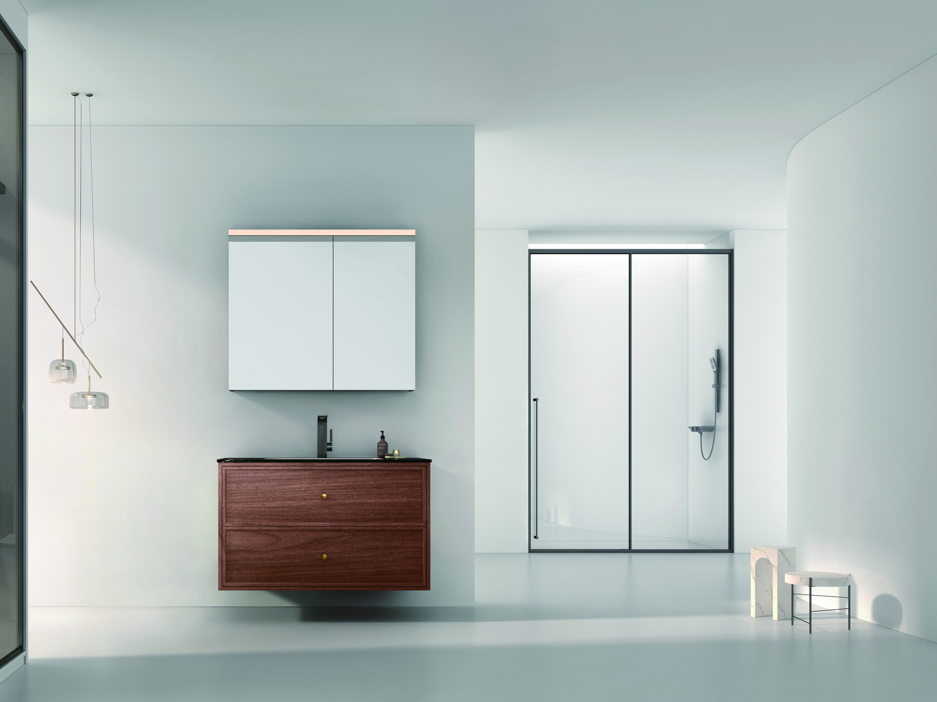 Bathroom display with a glass shower enclosure