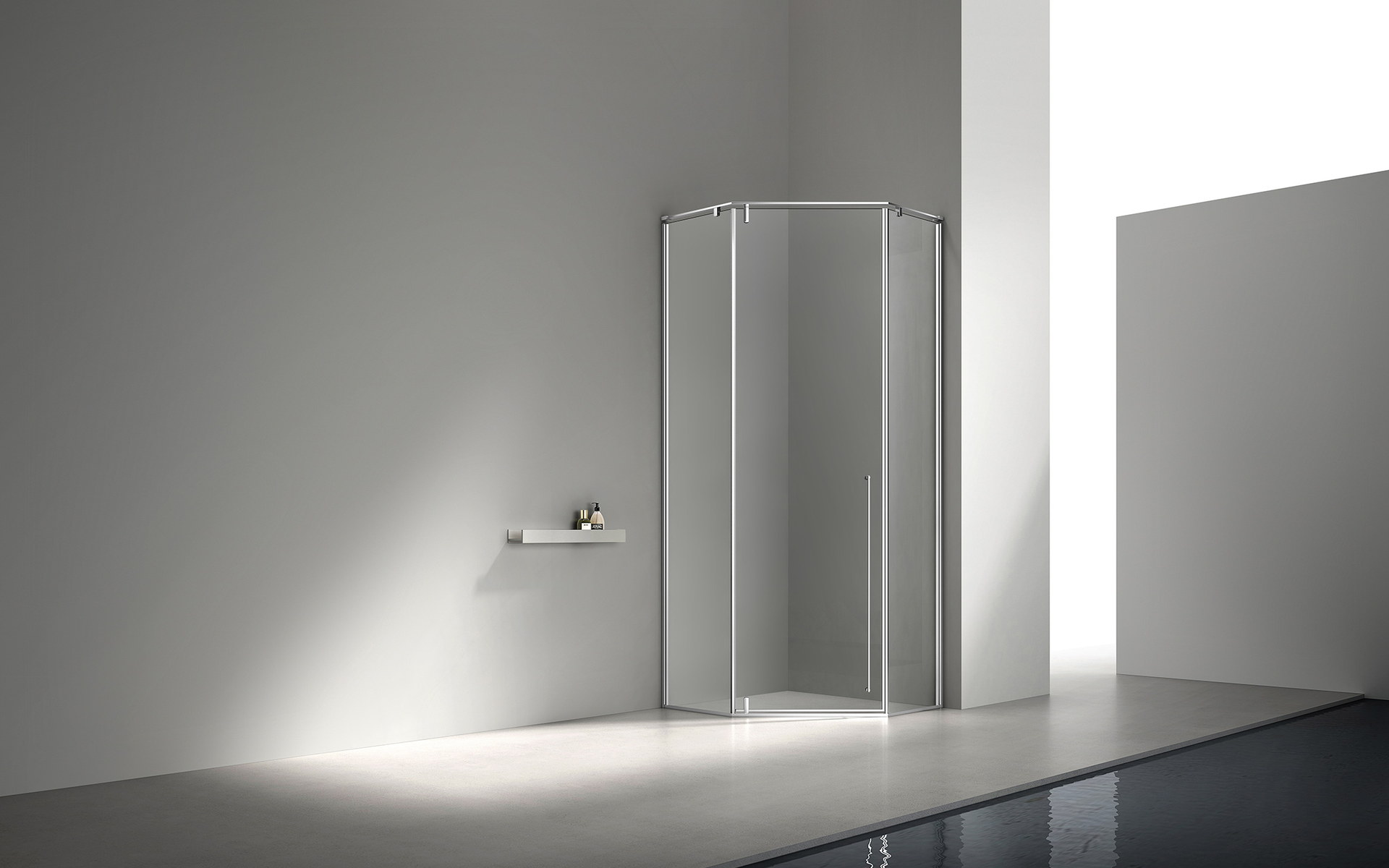 Corner shower enclosure fitted against a finished wall and floor
