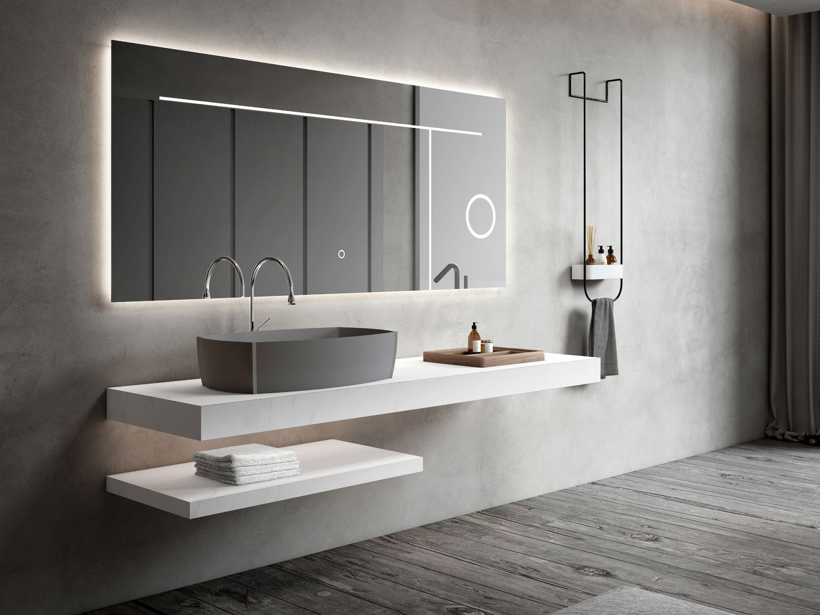 Project washroom with a long vanity and vessel basins