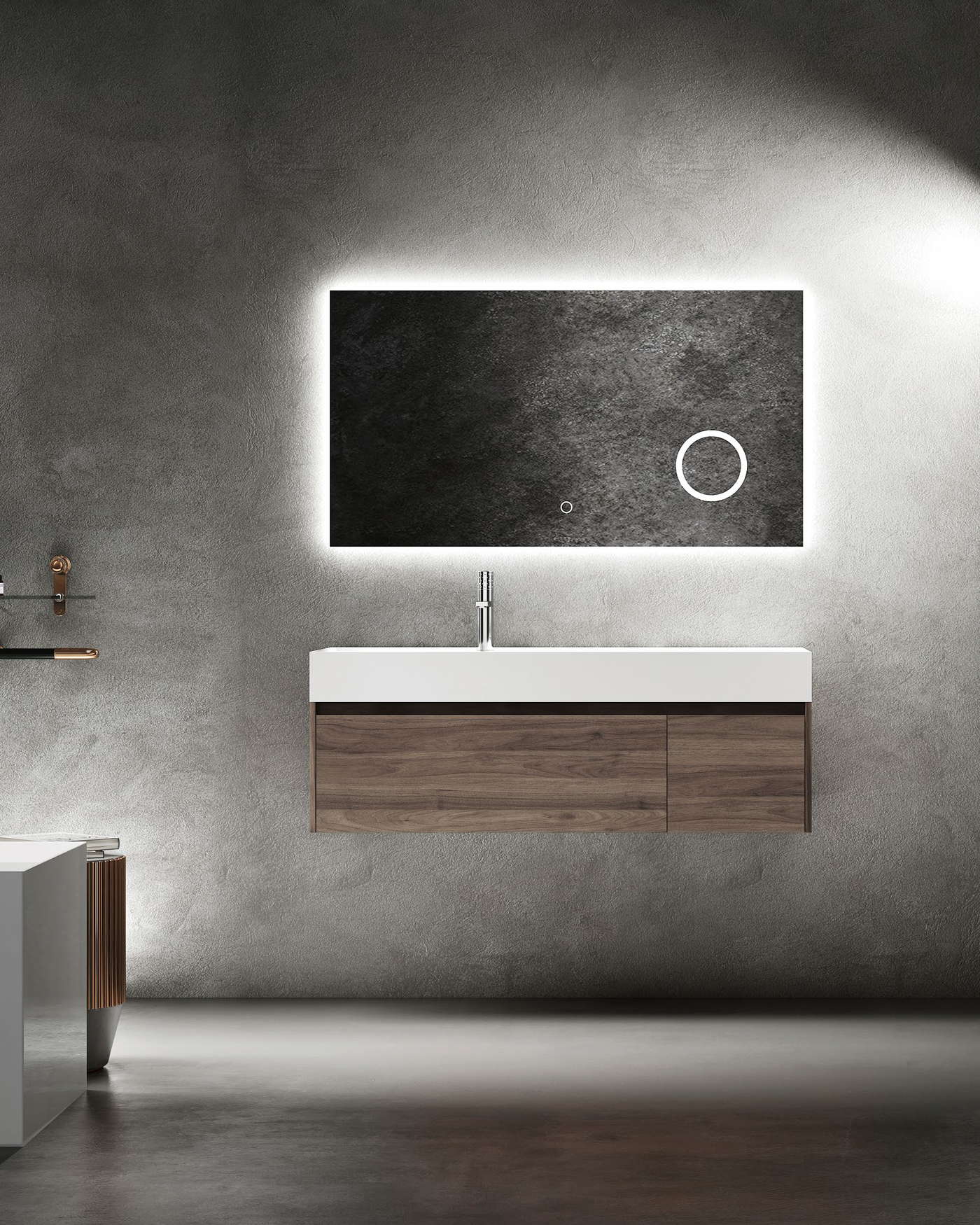 Vessel basin shown with related bathroom components